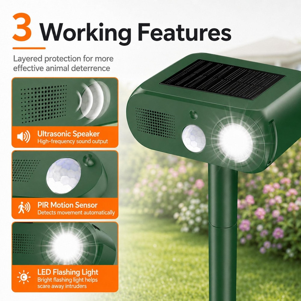 Solar Ultrasonic Animal Repeller with PIR Motion Sensor & LED Flashing Deterrent