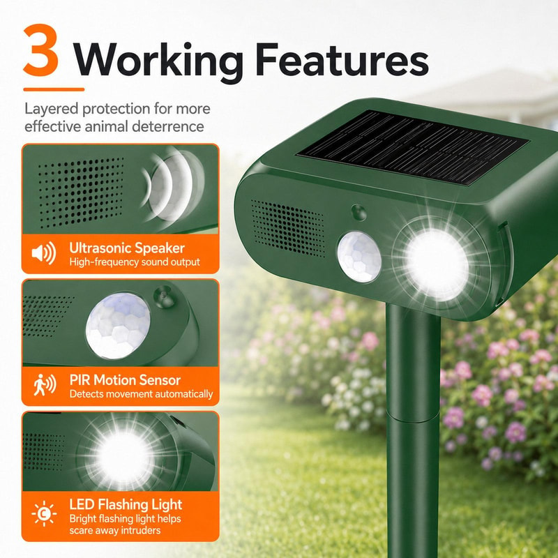 Solar Ultrasonic Animal Repeller with PIR Motion Sensor & LED Flashing Deterrent