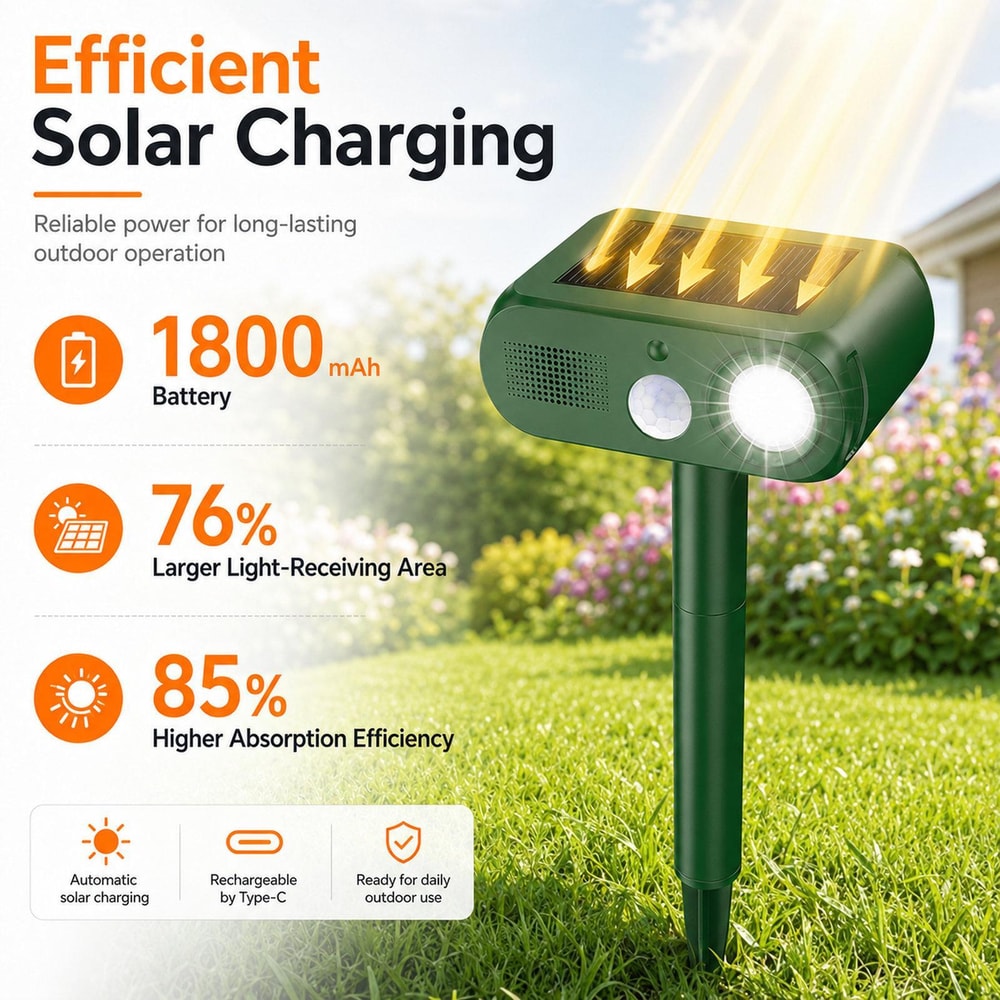 Solar Ultrasonic Animal Repeller with PIR Motion Sensor & LED Flashing Deterrent