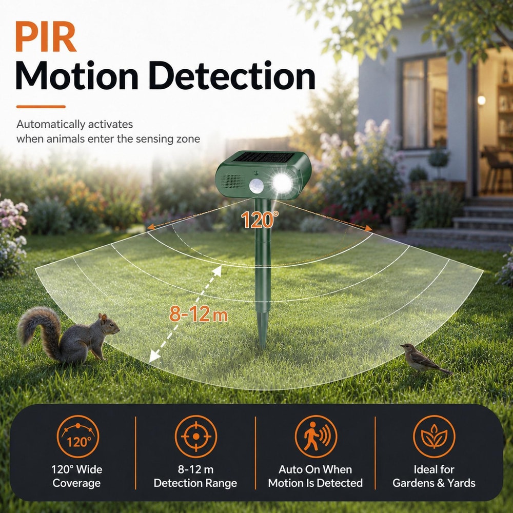Solar Ultrasonic Animal Repeller with PIR Motion Sensor & LED Flashing Deterrent