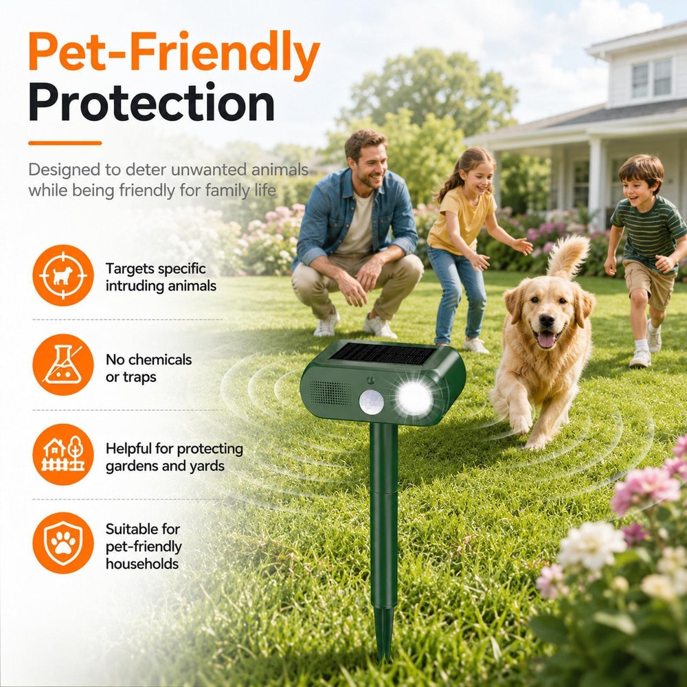 Solar Ultrasonic Animal Repeller with PIR Motion Sensor & LED Flashing Deterrent