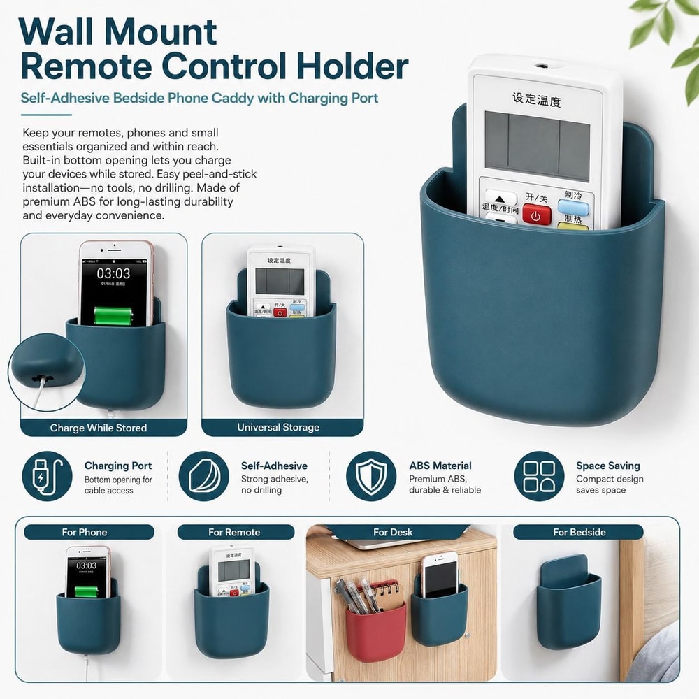 Wall Mounted Phone & Remote Organizer with Charging Port Self Adhesive Storage Caddy