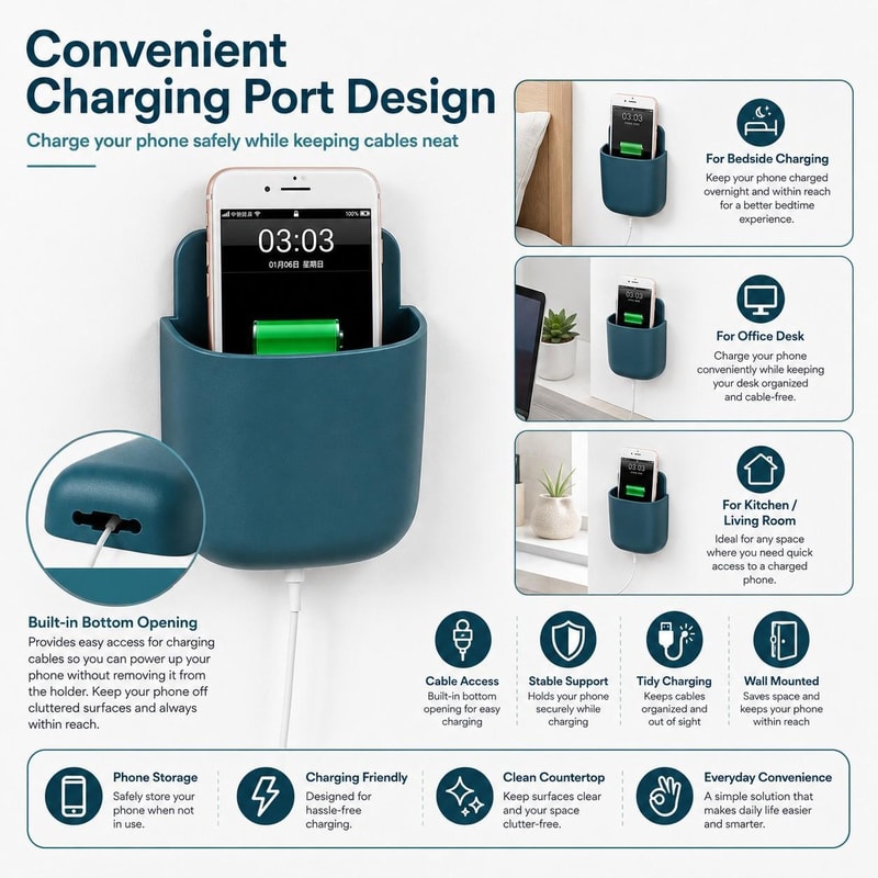 Wall Mounted Phone & Remote Organizer with Charging Port Self Adhesive Storage Caddy