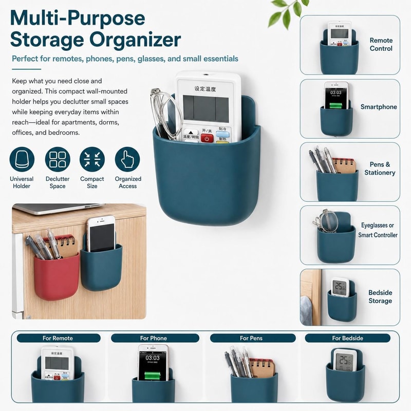 Wall Mounted Phone & Remote Organizer with Charging Port Self Adhesive Storage Caddy