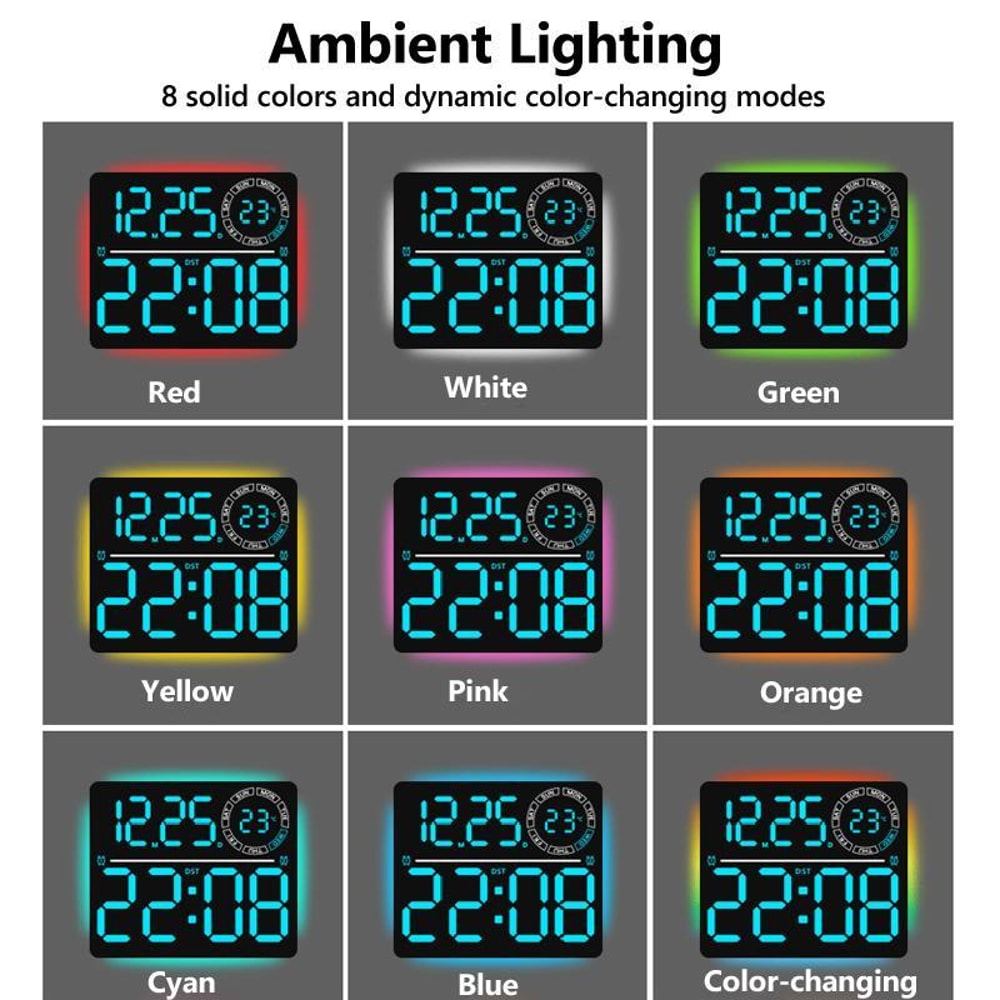 RGB LED Digital Wall Clock With Large Display Dual Alarm Timer Auto Dimming Night Light 2