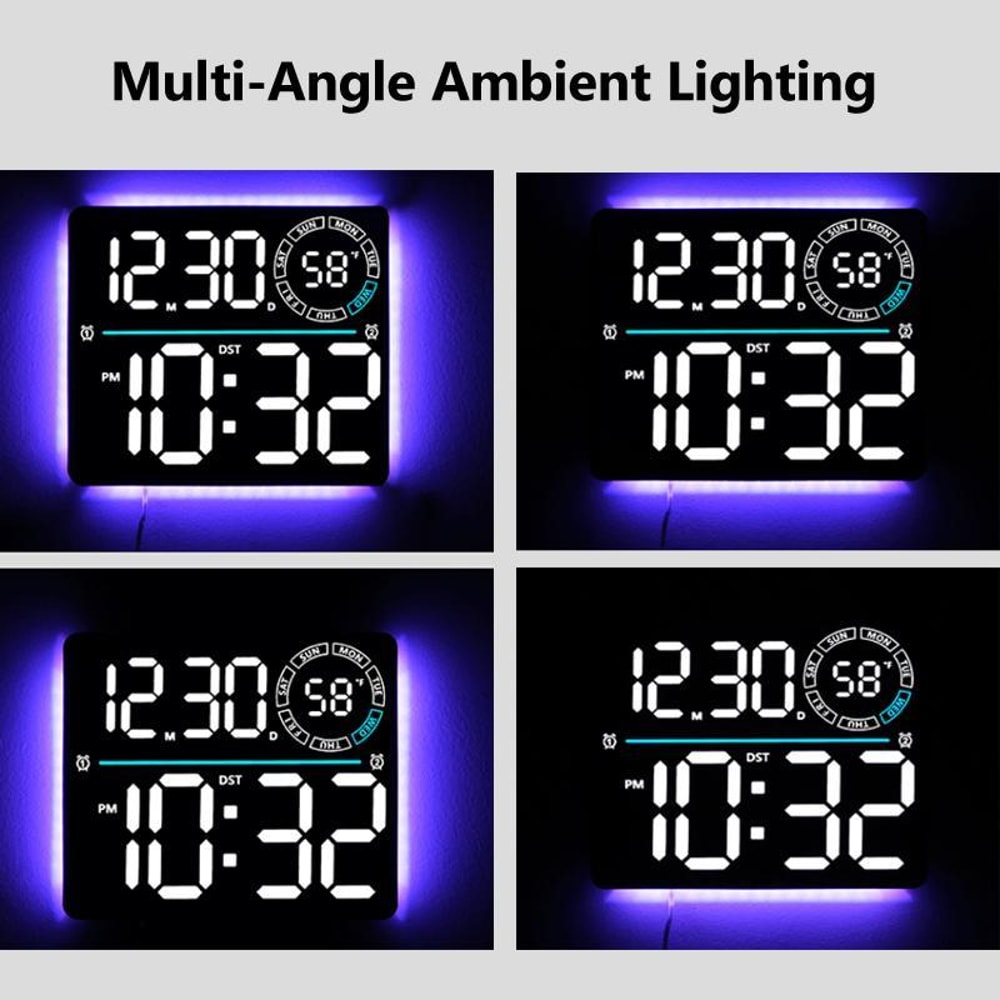 RGB LED Digital Wall Clock With Large Display Dual Alarm Timer Auto Dimming Night Light 6