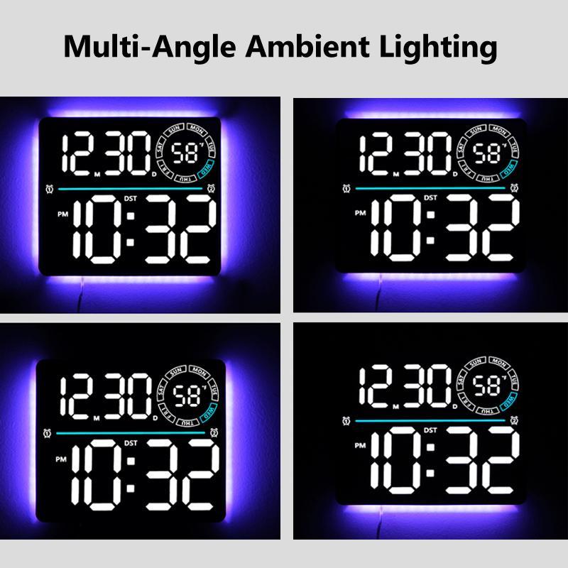 RGB LED Digital Wall Clock With Large Display Dual Alarm Timer Auto Dimming Night Light 6