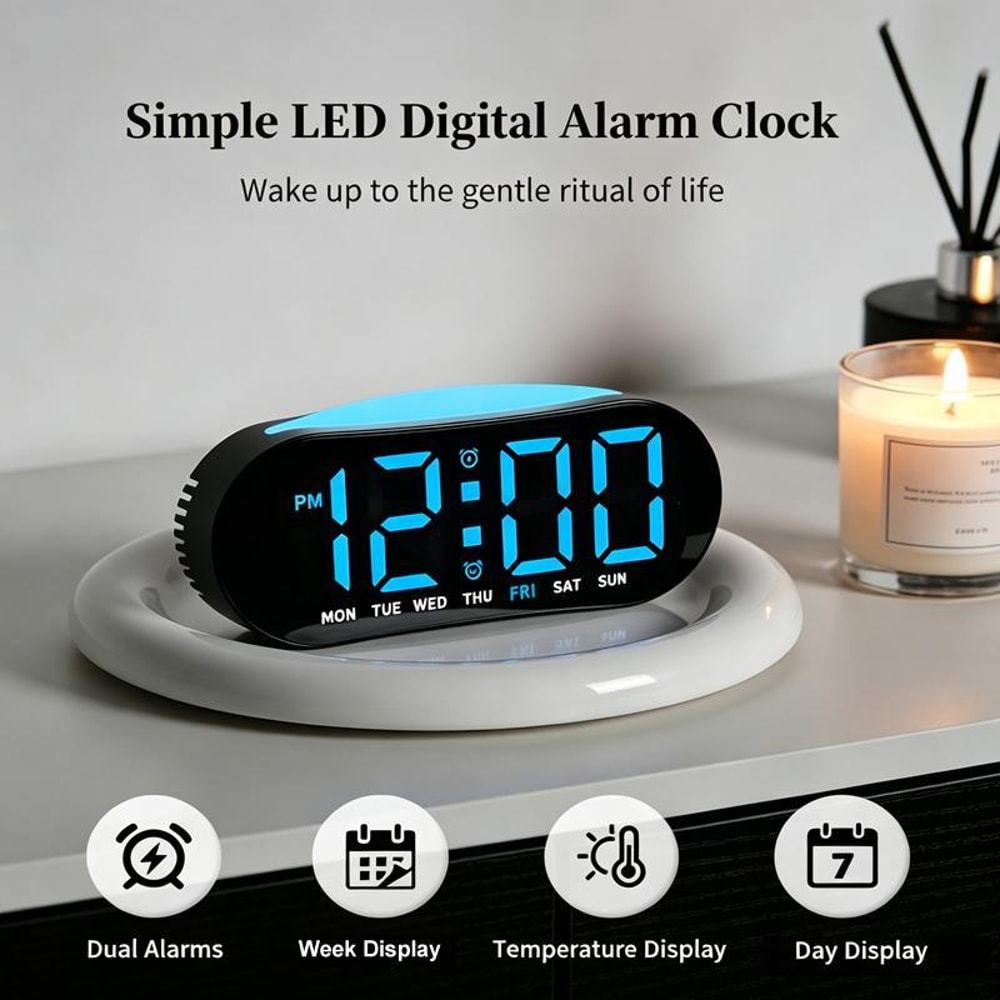 Smart LED Digital Alarm Clock with Night Light, Dual Alarms, Date & Temperature Display