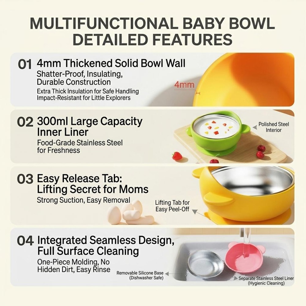 Stainless Steel Suction Baby Bowl For Toddlers Toddler Feeding Bowl With SpillProof Base HeatSafe 6