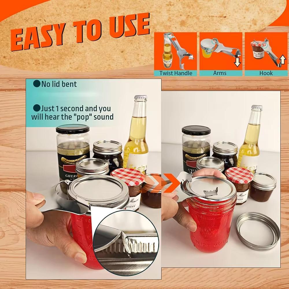 Easy Grip Stainless Steel Mason Jar Lid Opener & Bottle Opener for Effortless Jar Opening