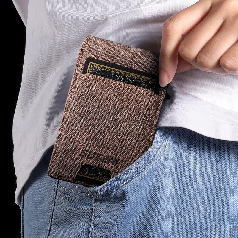 Denim RFID Blocking PopUp Wallet With Magnetic Closure And Slim Metal Card Holder 0