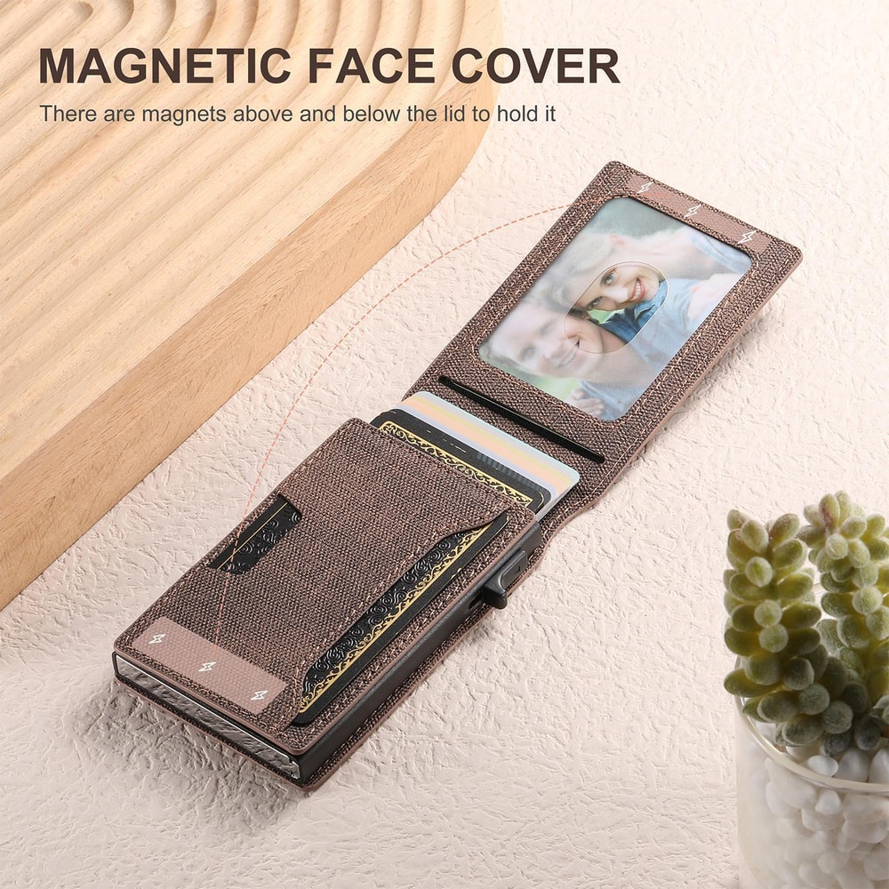Denim RFID Blocking PopUp Wallet With Magnetic Closure And Slim Metal Card Holder 4