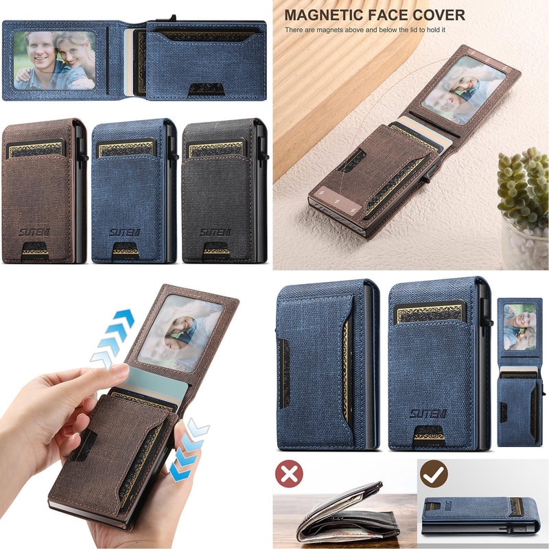 Denim RFID Blocking PopUp Wallet With Magnetic Closure And Slim Metal Card Holder 5