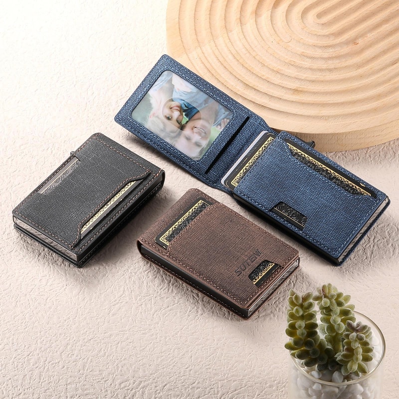 Denim RFID Blocking PopUp Wallet With Magnetic Closure And Slim Metal Card Holder 1