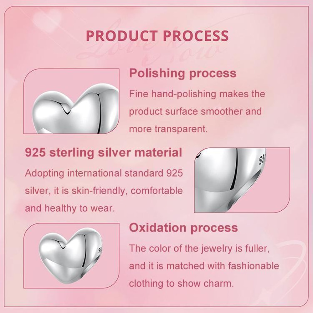 Sterling Silver Heart Charm Bead For Bracelets And DIY Jewelry 4