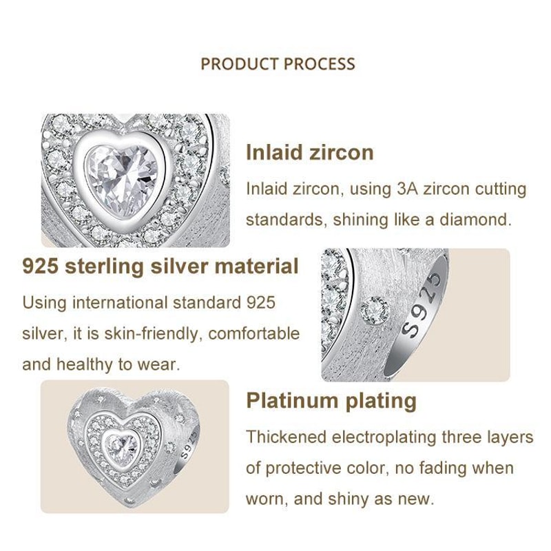 Sterling Silver Heart Charm Bead With Platinum Plating And Sparkling Zircon Accents 3