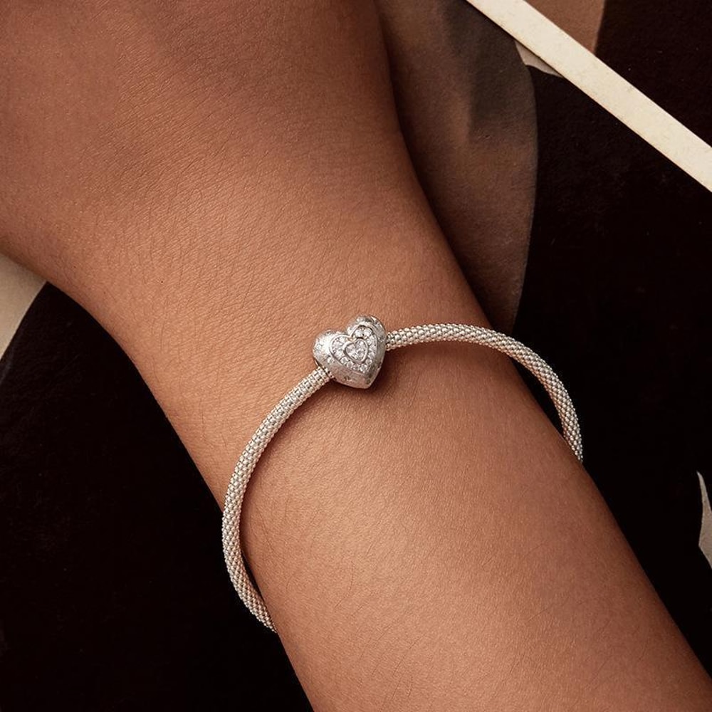 Sterling Silver Heart Charm Bead With Platinum Plating And Sparkling Zircon Accents 5