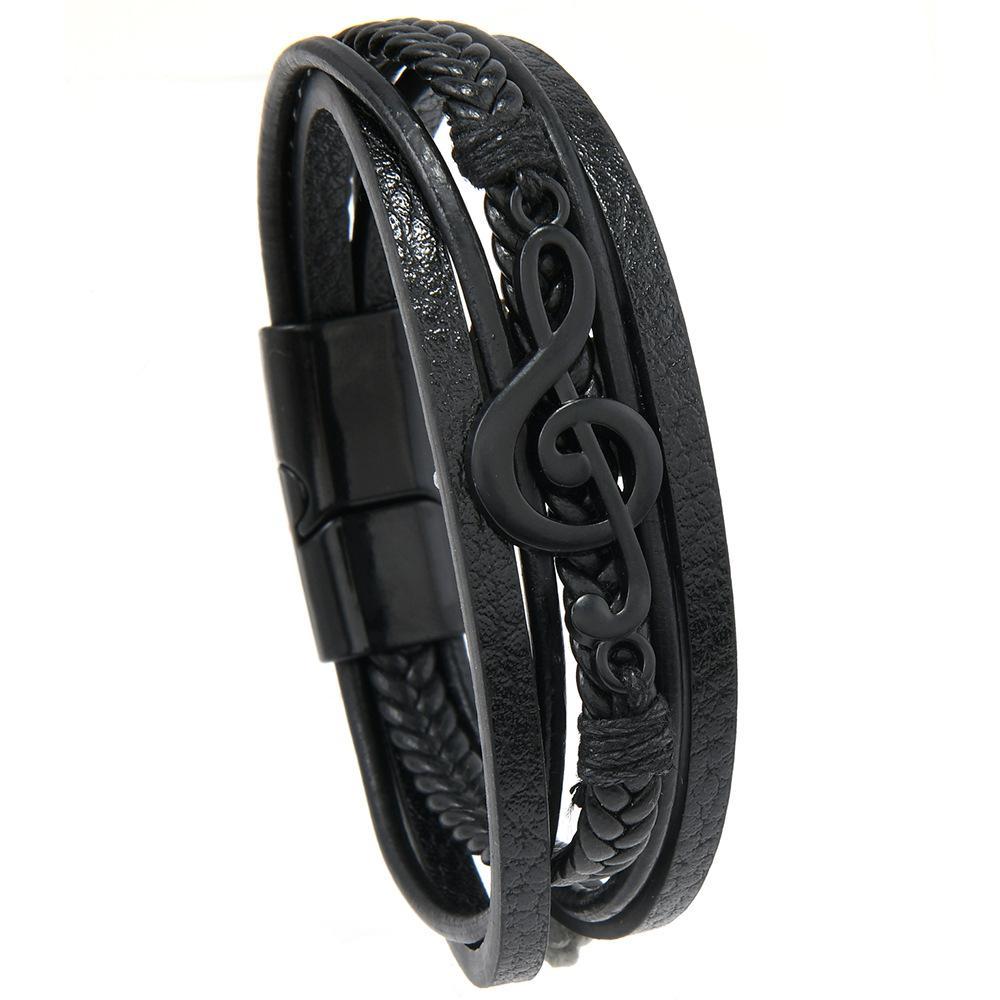 Music Note Braided Leather Bracelet For Men With Magnetic Clasp Multi Layer Wristband 5