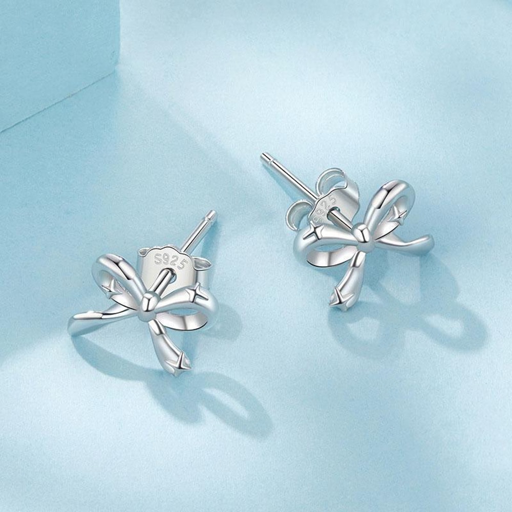 Elegant Sterling Silver Bow Earrings Platinum Plated S925 Hypoallergenic Studs For Women 1