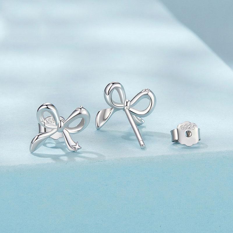 Elegant Sterling Silver Bow Earrings Platinum Plated S925 Hypoallergenic Studs For Women 3