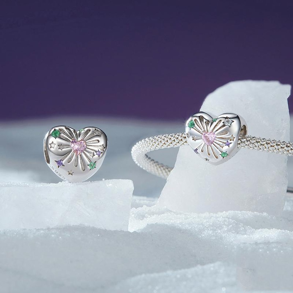 Sterling Silver Charm Bead Heart With Zircon PlatinumPlated DIY Bracelet Charm 2
