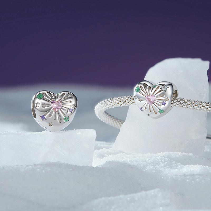 Sterling Silver Charm Bead Heart With Zircon PlatinumPlated DIY Bracelet Charm 2