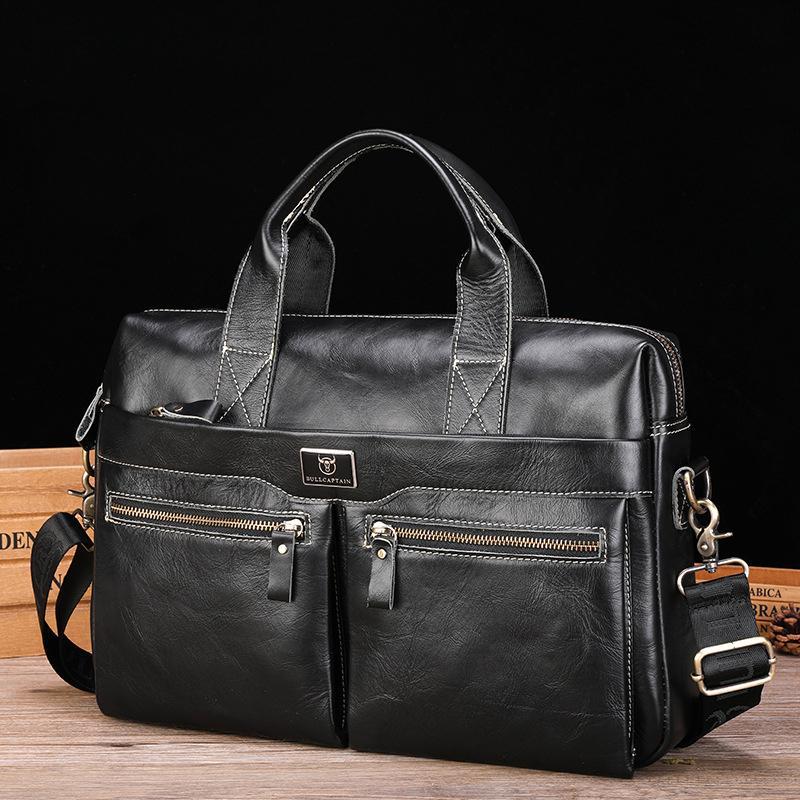 Vintage Cowhide Leather Briefcase Large Capacity Business Laptop Messenger Bag 12