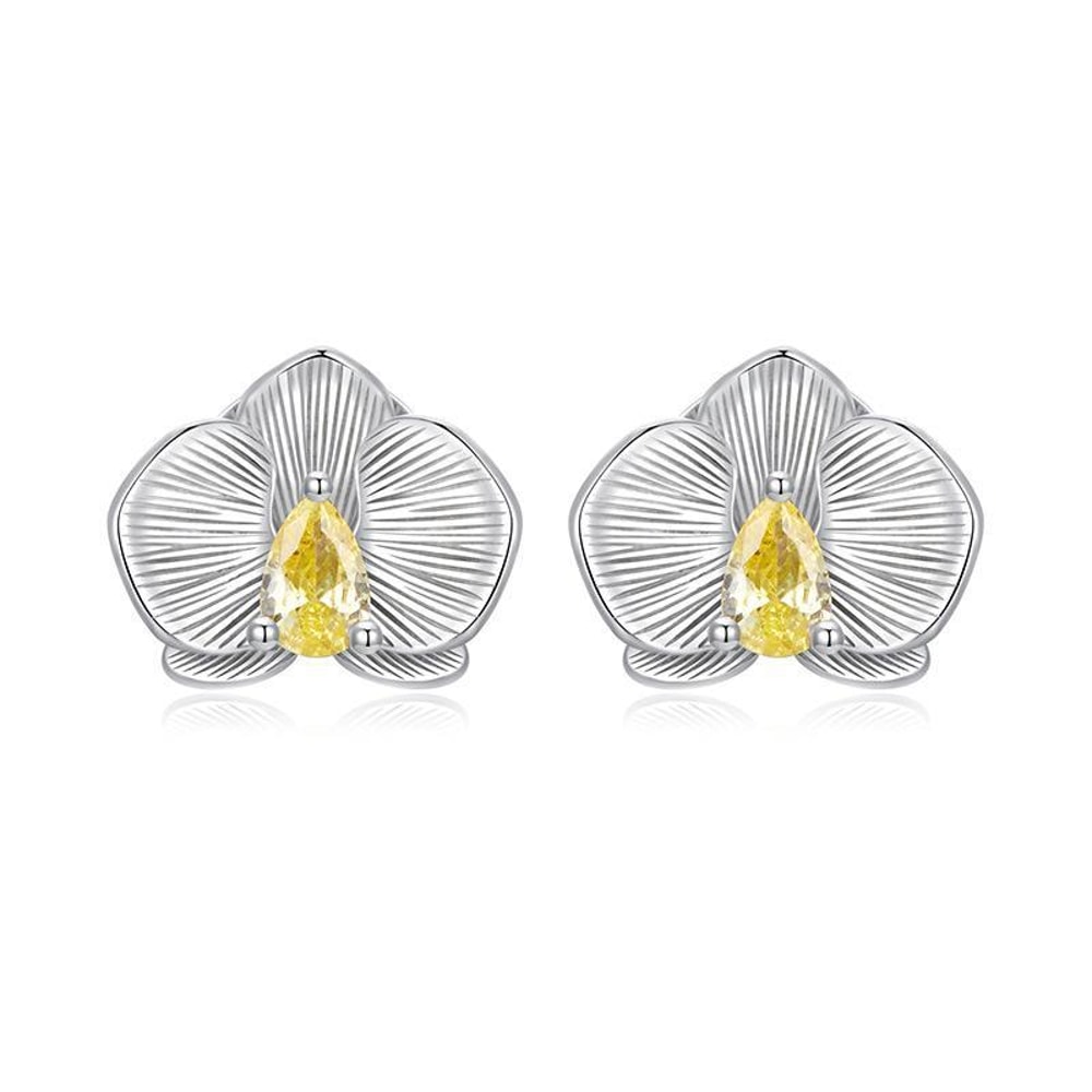 Sterling Silver Butterfly Orchid Earrings With Sparkling Zircon Platinum Plated Luxury Floral Studs 5