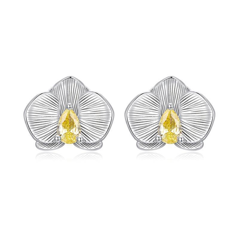 Sterling Silver Butterfly Orchid Earrings With Sparkling Zircon Platinum Plated Luxury Floral Studs 5