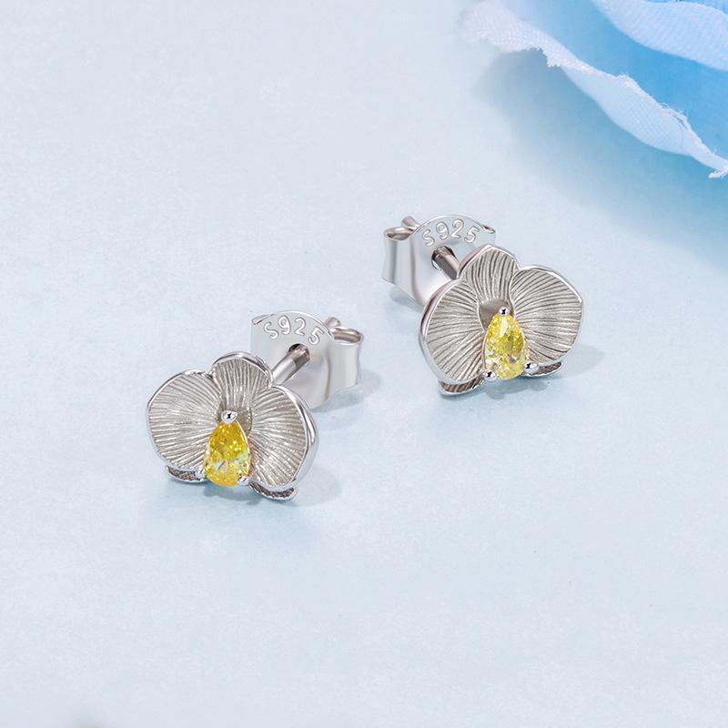 Sterling Silver Butterfly Orchid Earrings With Sparkling Zircon Platinum Plated Luxury Floral Studs 1
