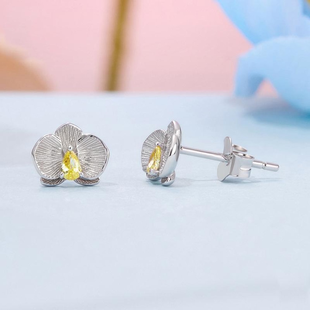 Sterling Silver Butterfly Orchid Earrings With Sparkling Zircon Platinum Plated Luxury Floral Studs 2