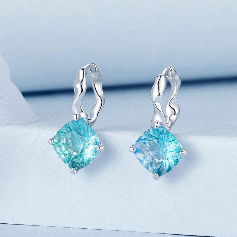 Ocean Glow Blue Green Crystal Sterling Silver Earrings 1