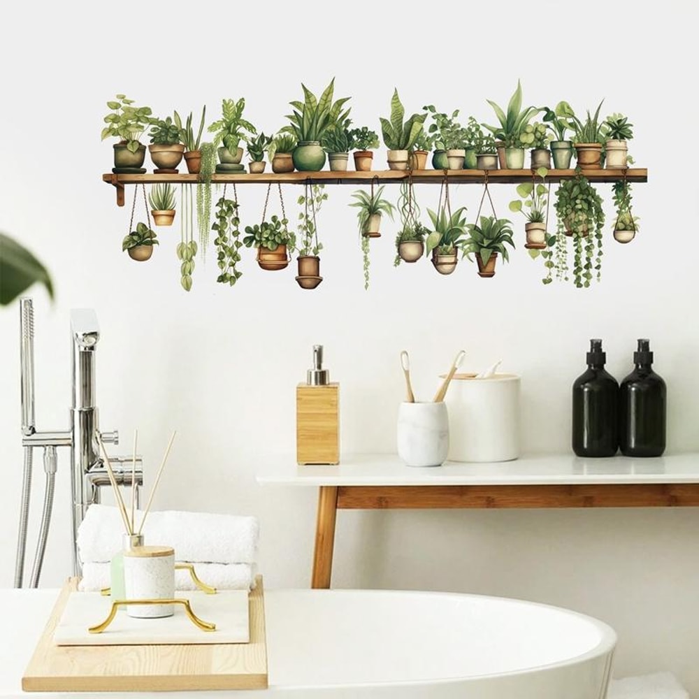 Fresh Green Bonsai PVC Plant Wall Stickers, Waterproof Living Room Wall Decals for Bedroom & Home