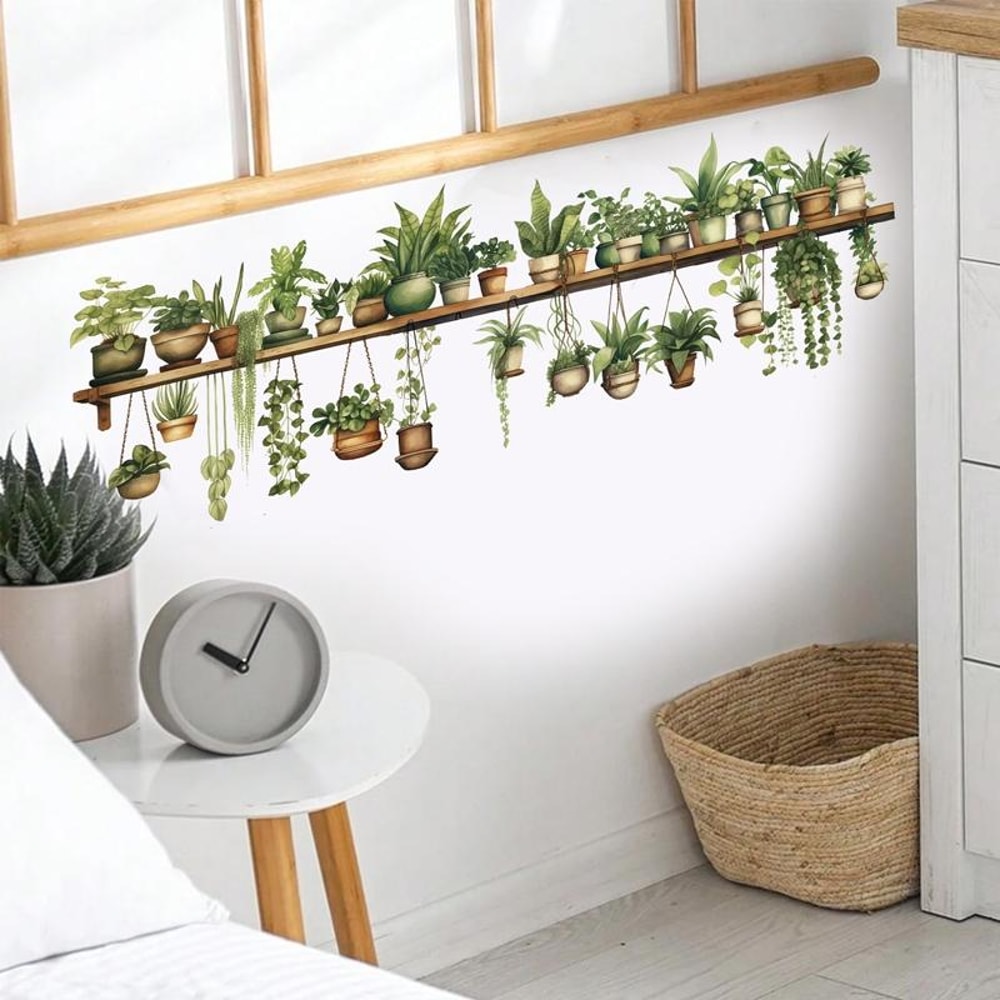 Fresh Green Bonsai PVC Plant Wall Stickers, Waterproof Living Room Wall Decals for Bedroom & Home