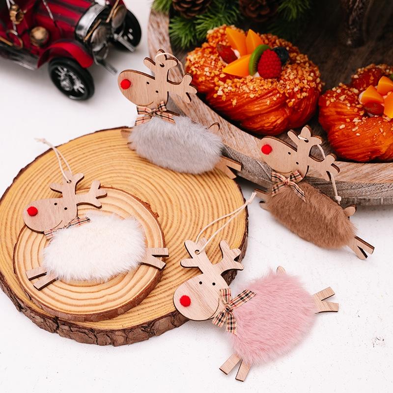 Rustic Plush Elk Christmas Tree Ornament Wooden Reindeer Hanging Decoration