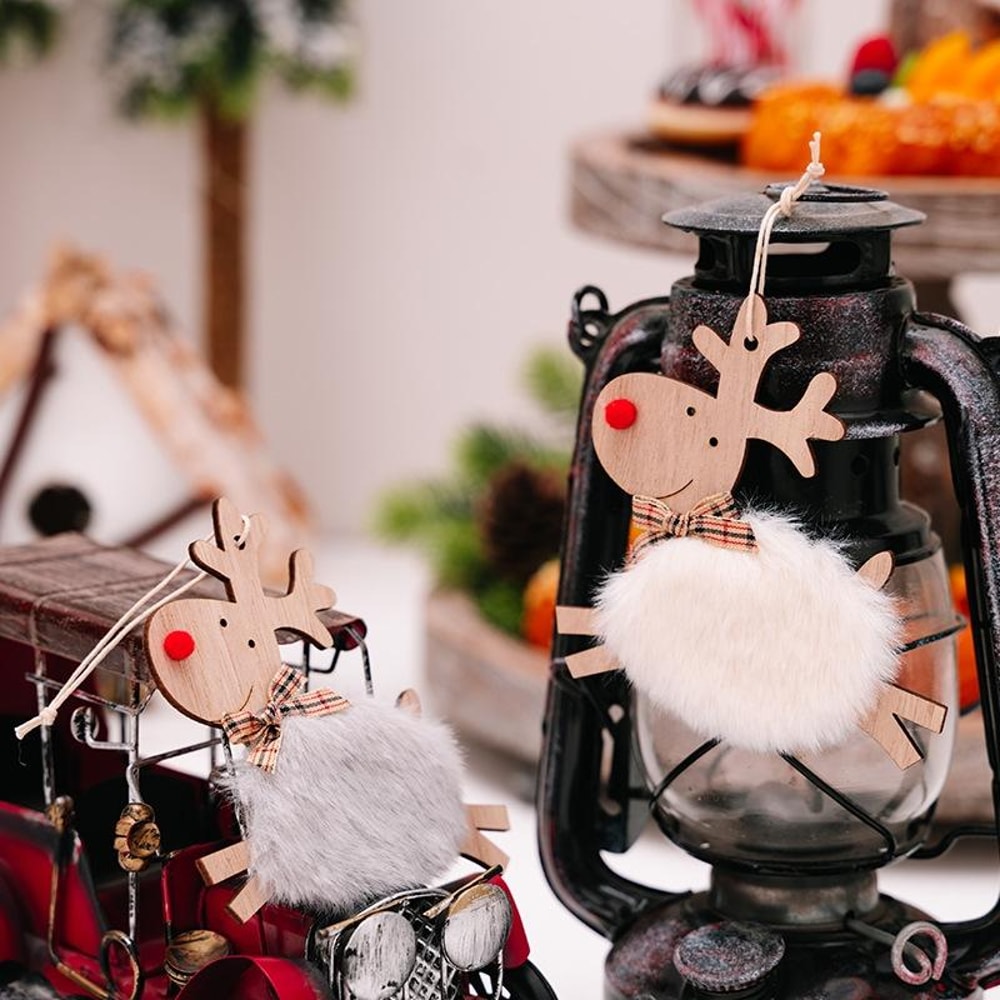 Rustic Plush Elk Christmas Tree Ornament Wooden Reindeer Hanging Decoration