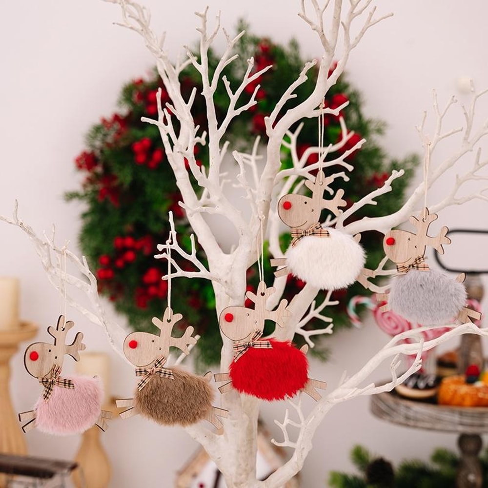 Rustic Plush Elk Christmas Tree Ornament Wooden Reindeer Hanging Decoration