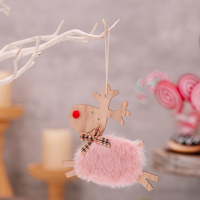 Rustic Plush Elk Christmas Tree Ornament Wooden Reindeer Hanging Decoration