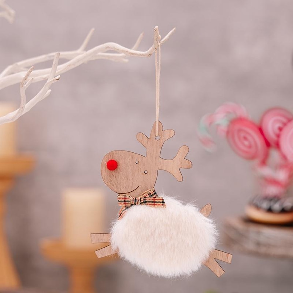 Rustic Plush Elk Christmas Tree Ornament Wooden Reindeer Hanging Decoration