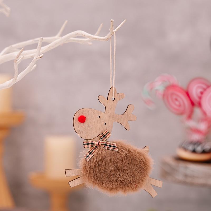 Rustic Plush Elk Christmas Tree Ornament Wooden Reindeer Hanging Decoration