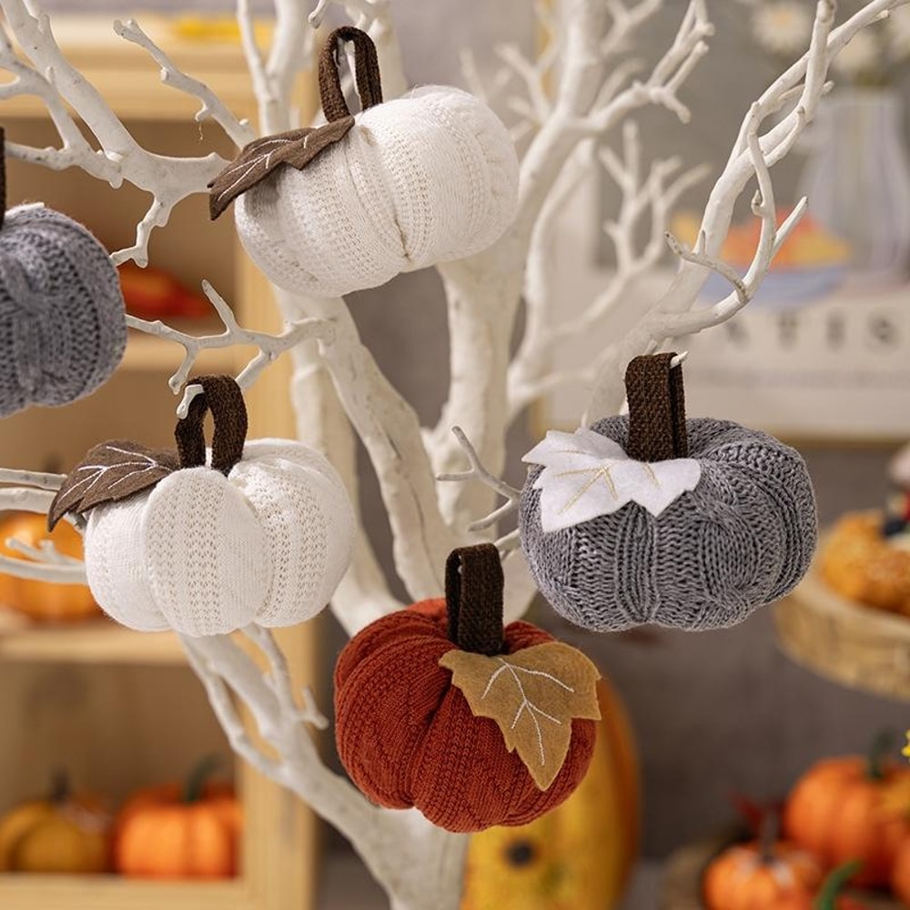 Cozy Knit Pumpkin Hanging Ornament For Fall Harvest Thanksgiving Decor 0