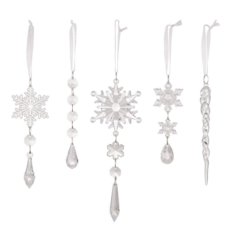 Crystal Snowflake Icicle Christmas Tree Ornaments Set 5PCS Clear Acrylic Holiday Hanging Decor 2