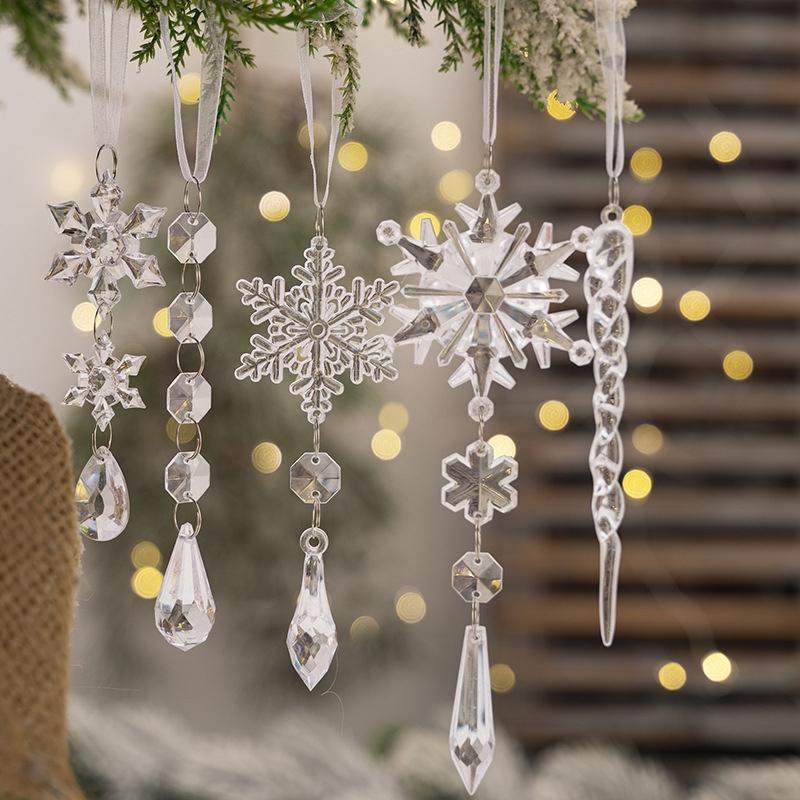 Crystal Snowflake Icicle Christmas Tree Ornaments Set 5PCS Clear Acrylic Holiday Hanging Decor 3