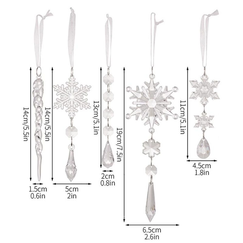Crystal Snowflake Icicle Christmas Tree Ornaments Set 5PCS Clear Acrylic Holiday Hanging Decor 4