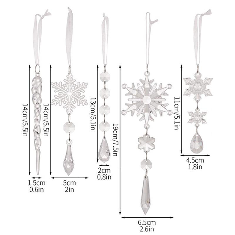 Crystal Snowflake Icicle Christmas Tree Ornaments Set 5PCS Clear Acrylic Holiday Hanging Decor 4