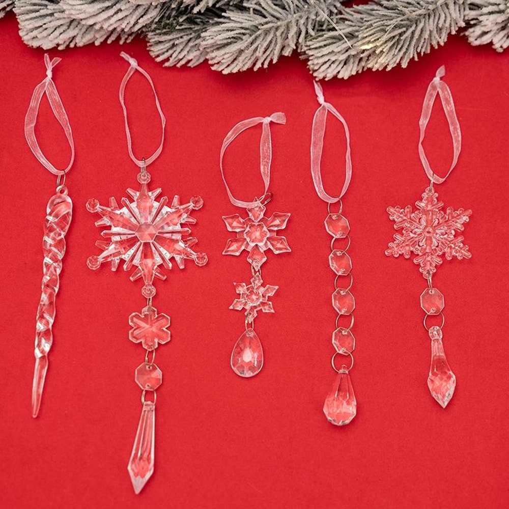 Crystal Snowflake Icicle Christmas Tree Ornaments Set 5PCS Clear Acrylic Holiday Hanging Decor 6