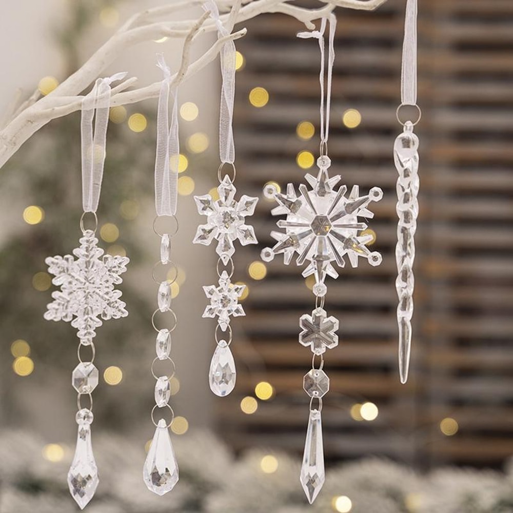 Crystal Snowflake Icicle Christmas Tree Ornaments Set 5PCS Clear Acrylic Holiday Hanging Decor 7