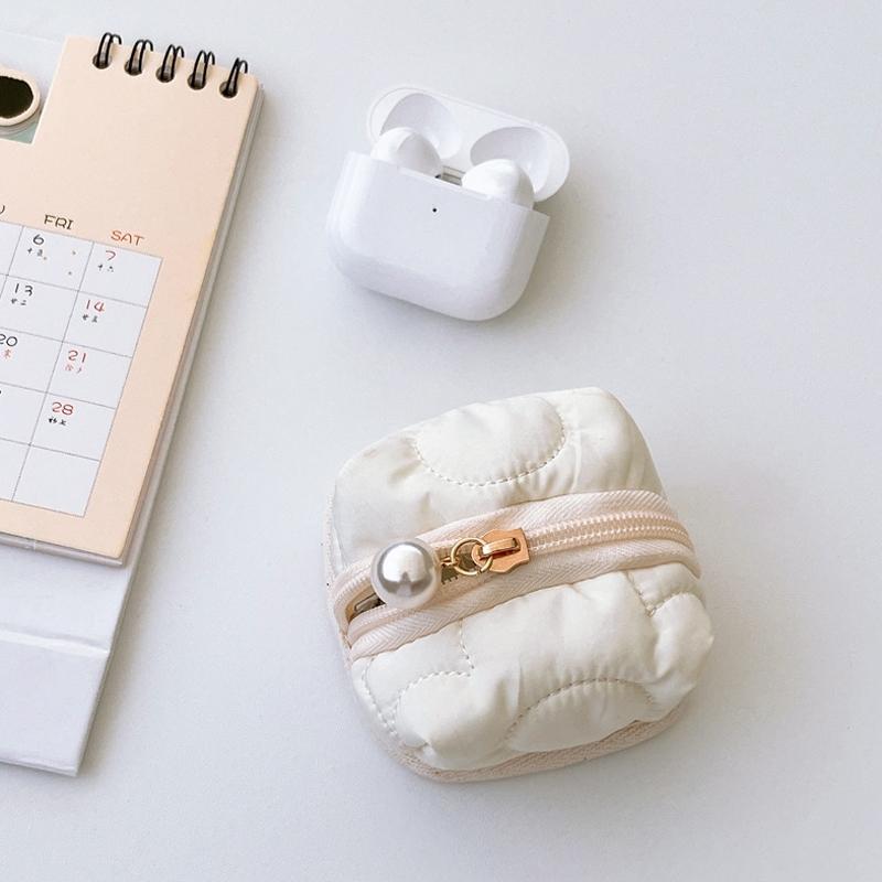 Beige Compact Earphone Storage & Coin Storage Bag, Durable Mini Pouch