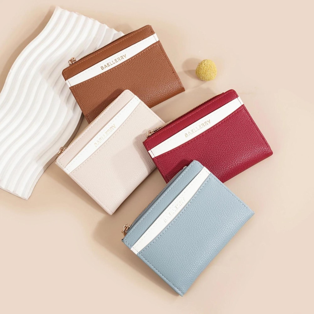 Stylish Women Color Block Compact PU Wallet Slim Leather Card Holder Zipper Purse 1