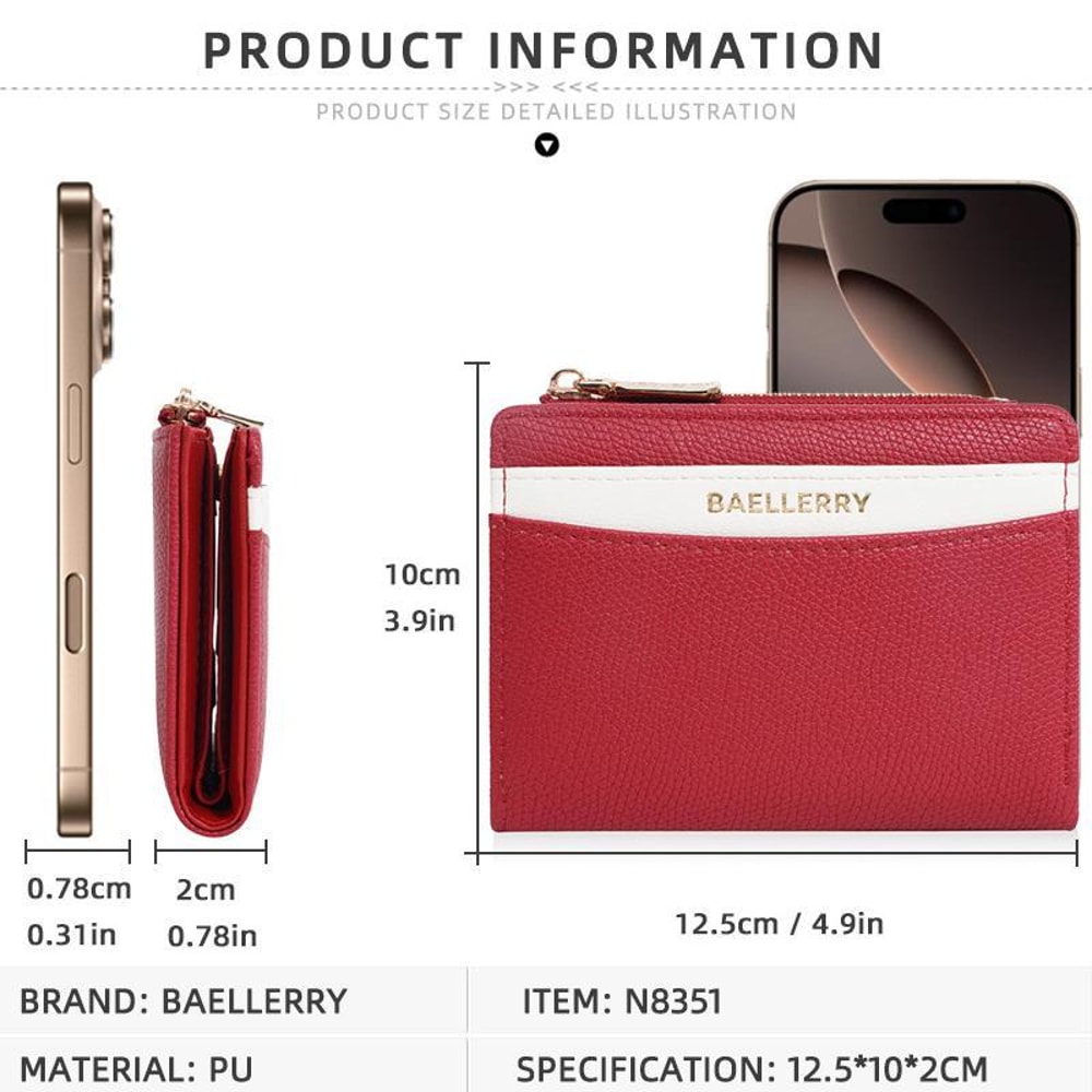 Stylish Women Color Block Compact PU Wallet Slim Leather Card Holder Zipper Purse 7
